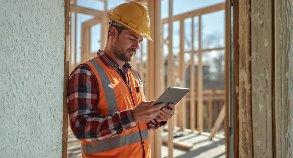Residential contractor using Buildertrend on a tablet at a framed job site