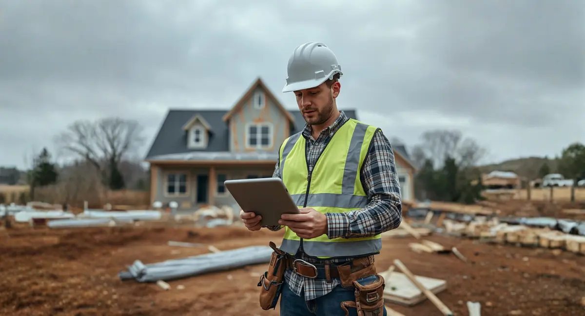 Contractor reviewing job progress on a tablet outside a residential build